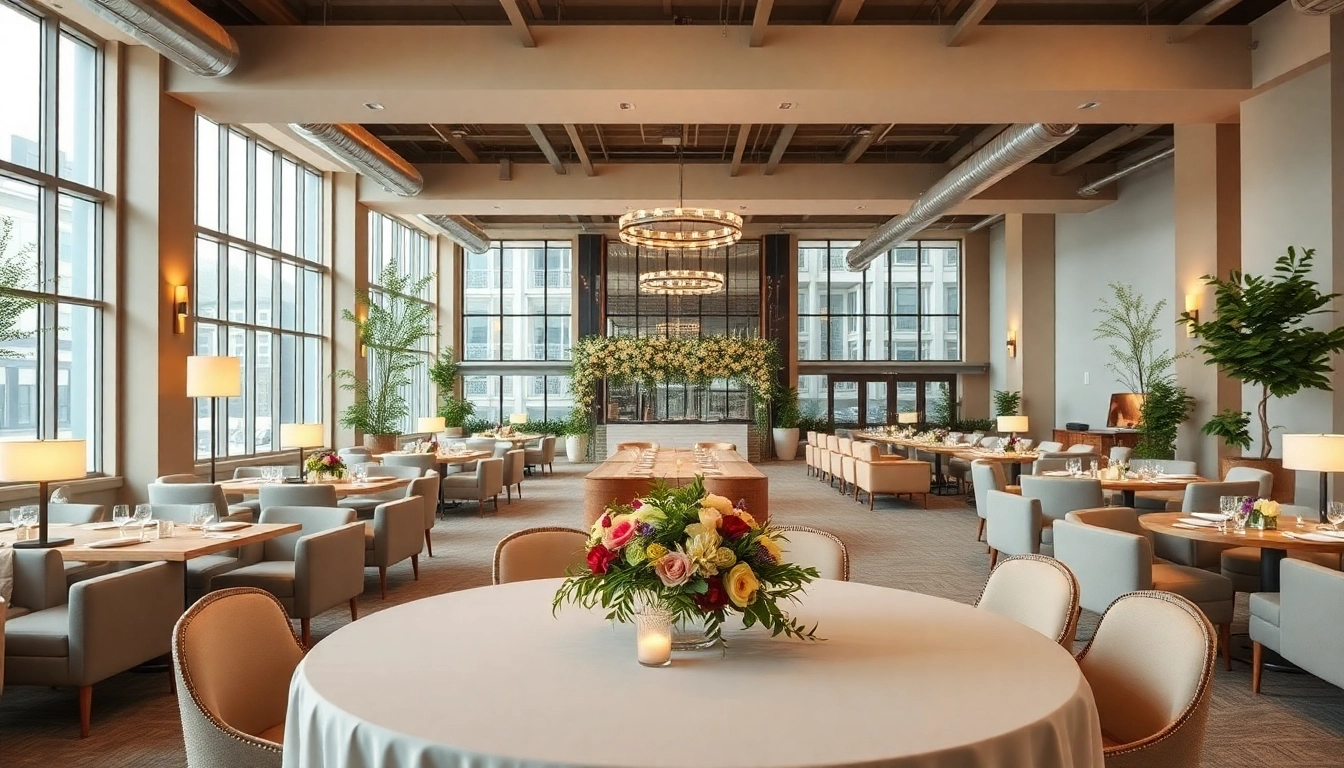 Showcase stunning event space featuring elegant decor and warm lighting.