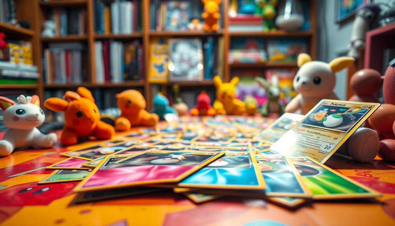 Discover exciting Pokémon cards India displayed on a colorful tabletop in a vibrant scene.