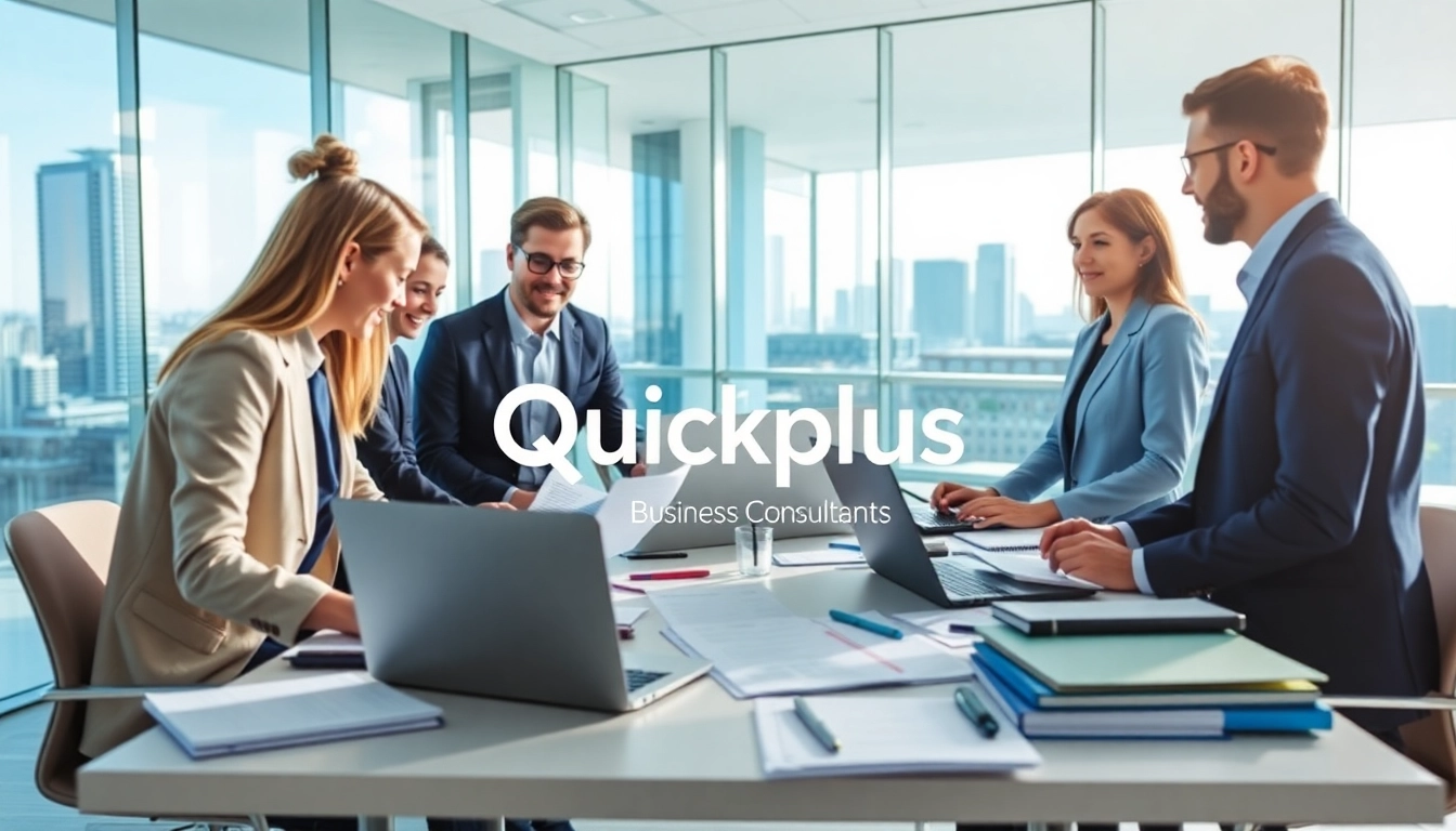 Engaged professionals discussing strategies at Quickplus Business Consultants in a vibrant office.