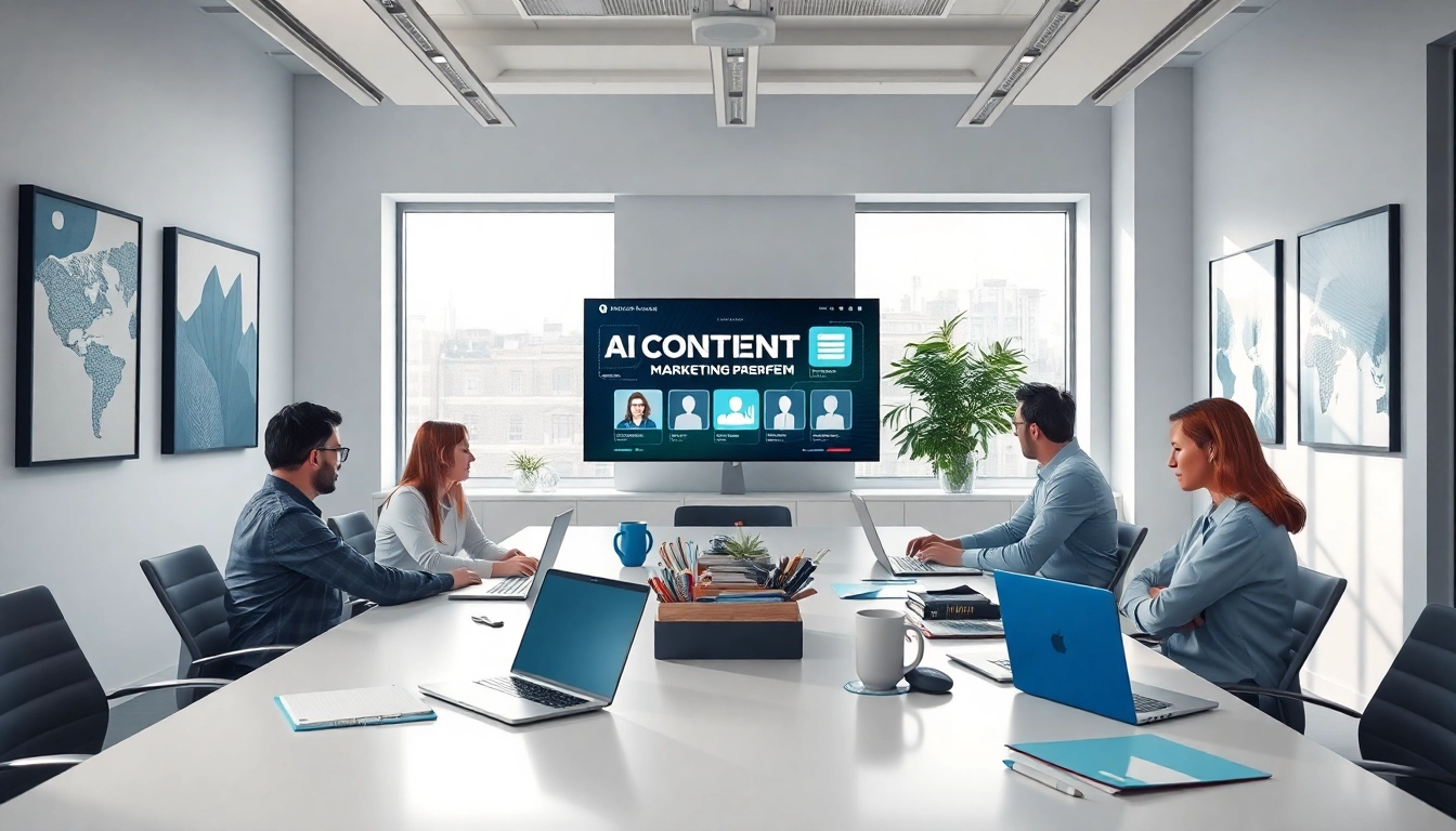 Engaging collaboration in an office showcasing an AI content marketing platform interface.