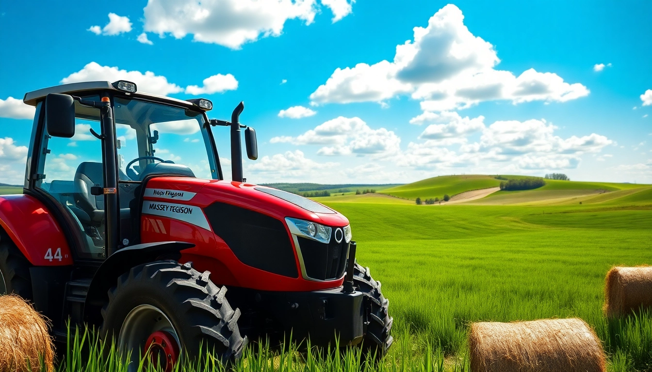 Massey Ferguson Traktor in einer grünen Agrarlandschaft mit Heuballen im Vordergrund.