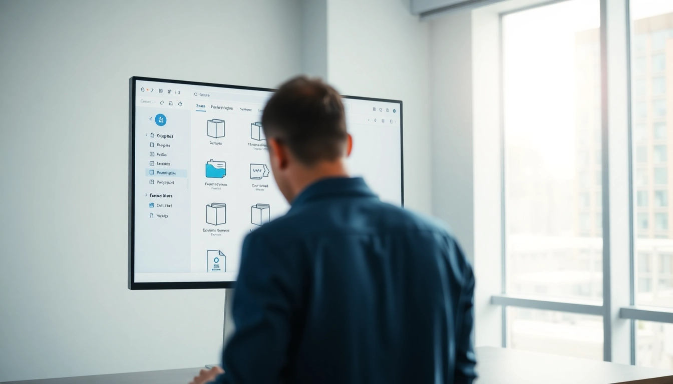Datenraum-Schnittstelle auf Computerbildschirm im modernen Büro mit Benutzerinteraktion.