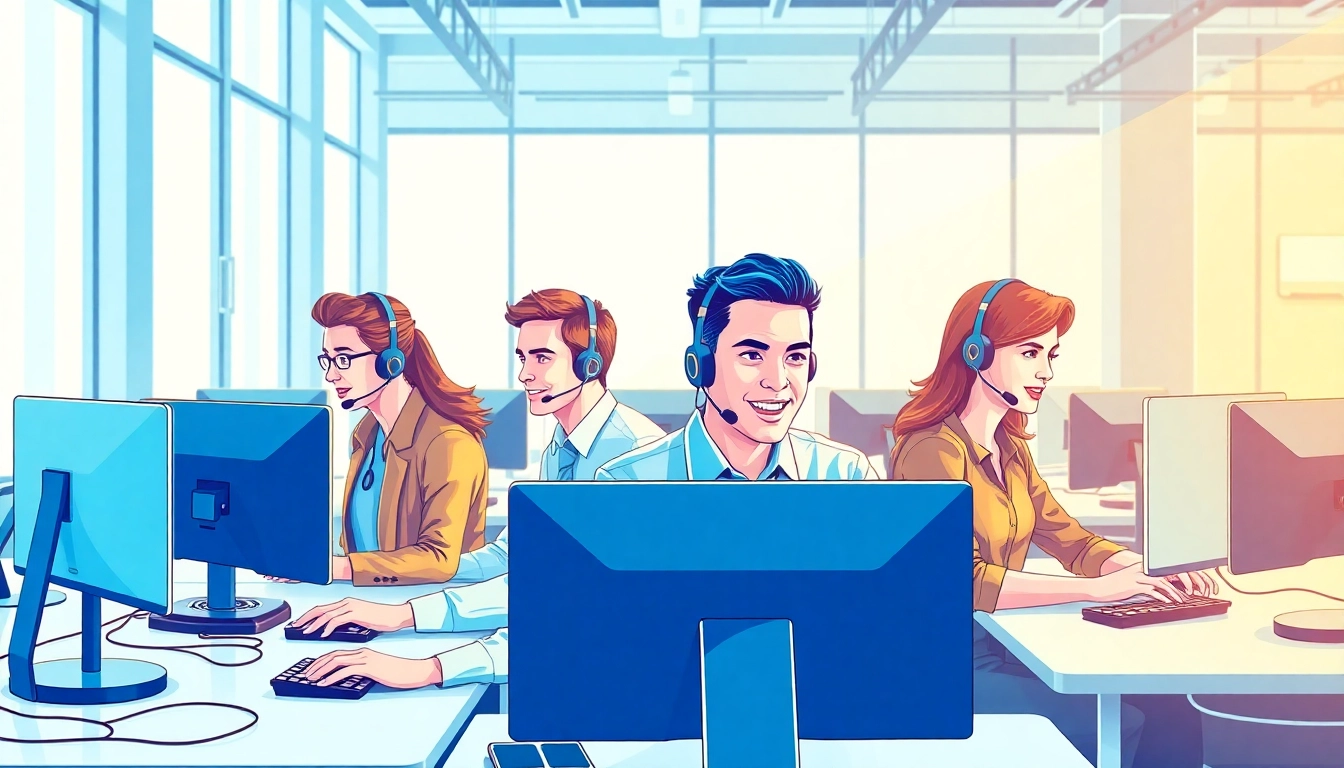 Dynamic helpdesk support team providing assistance in a modern office.