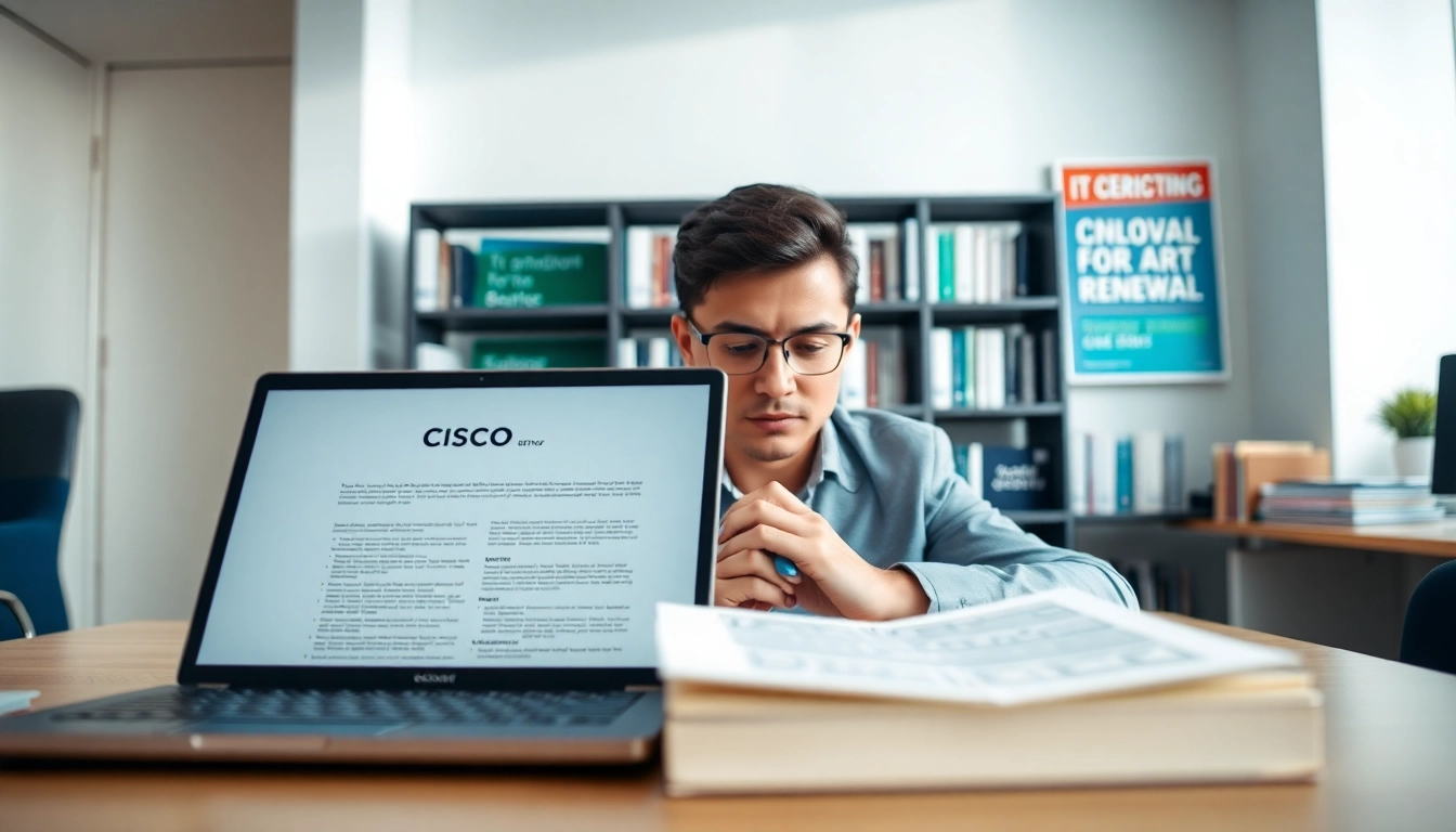 Renew Cisco Certification with a professional studying in a bright office environment