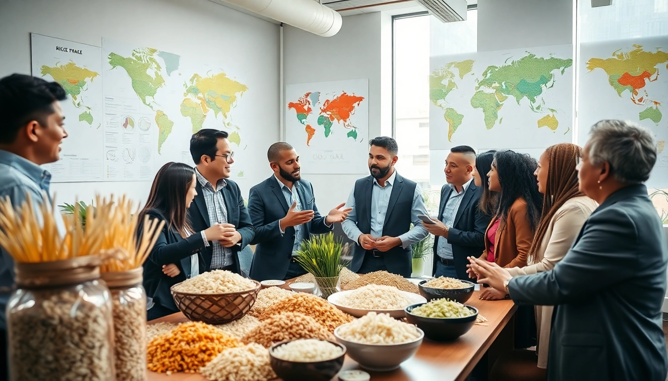 Engaged rice importers discussing trade opportunities in a professional setting.