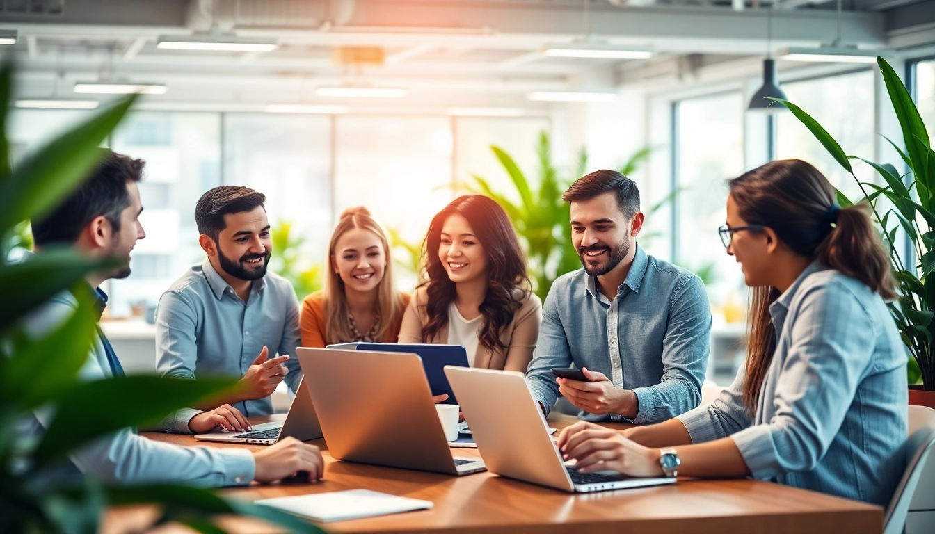 Team strategizing on the AI content marketing platform in a modern workspace.