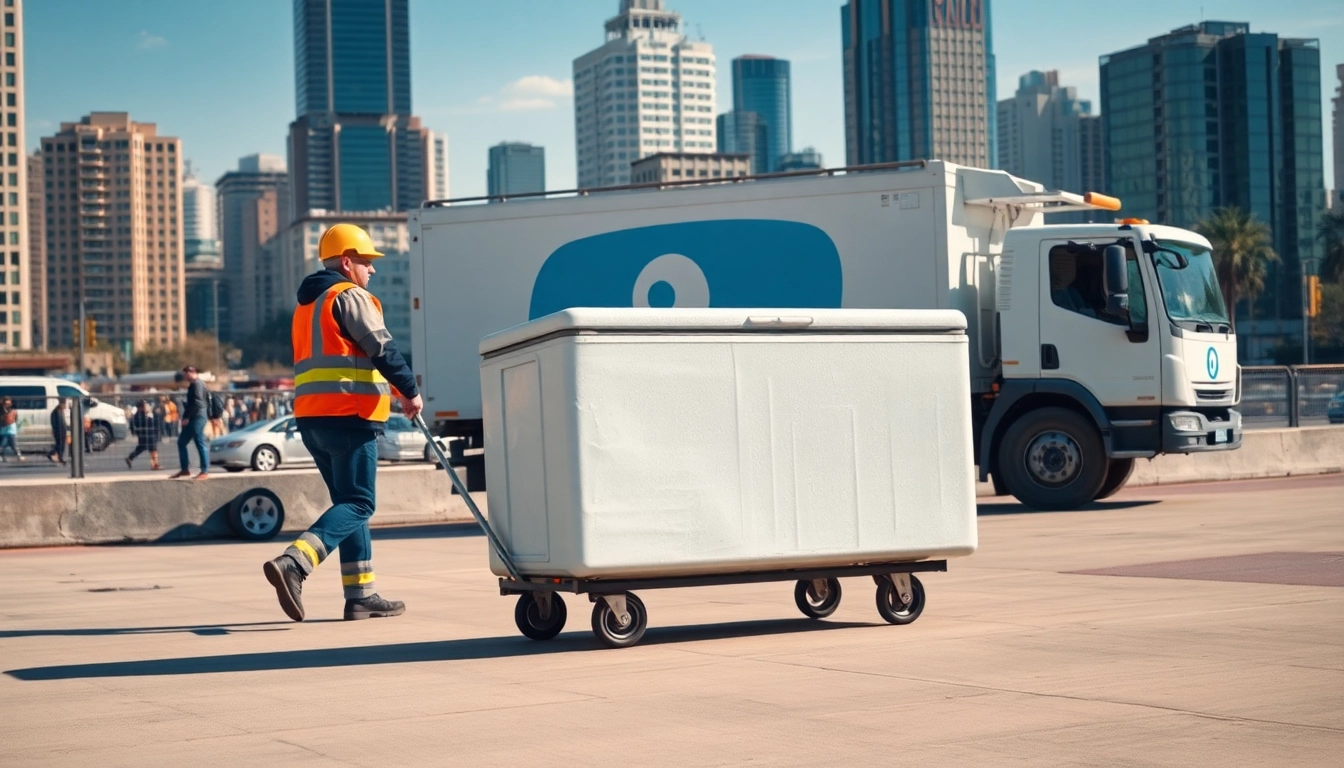 Efficient freezer collection, removal, and disposal by a professional waste management team in an urban environment.