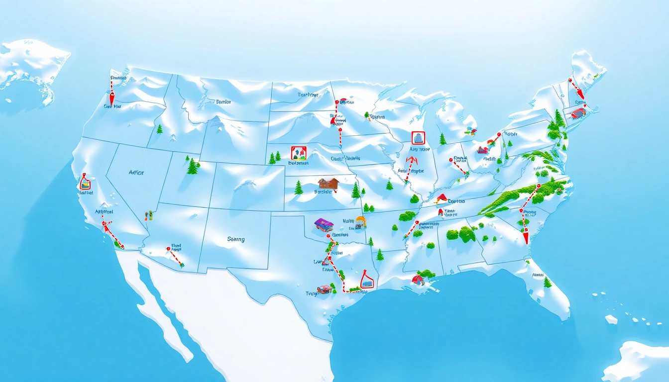 A detailed ski map of USA featuring prominent ski resorts and vibrant landscapes.