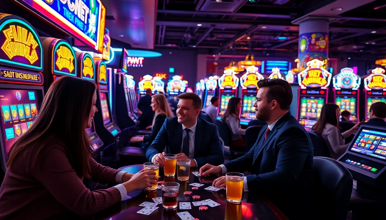 Jouez à des machines à sous demo gratuite dans un casino vibrant avec des lumières colorées.