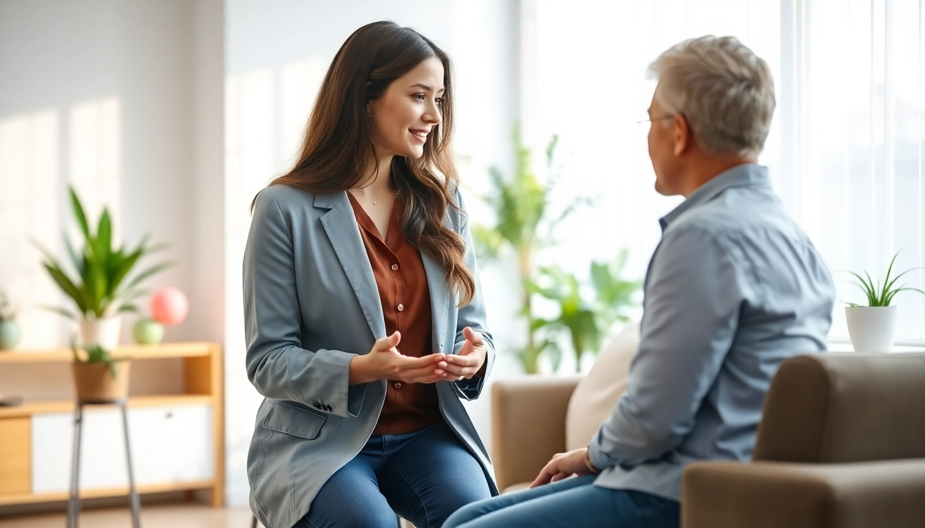 Engaging therapist helping clients dealing with stress in a calming office environment.