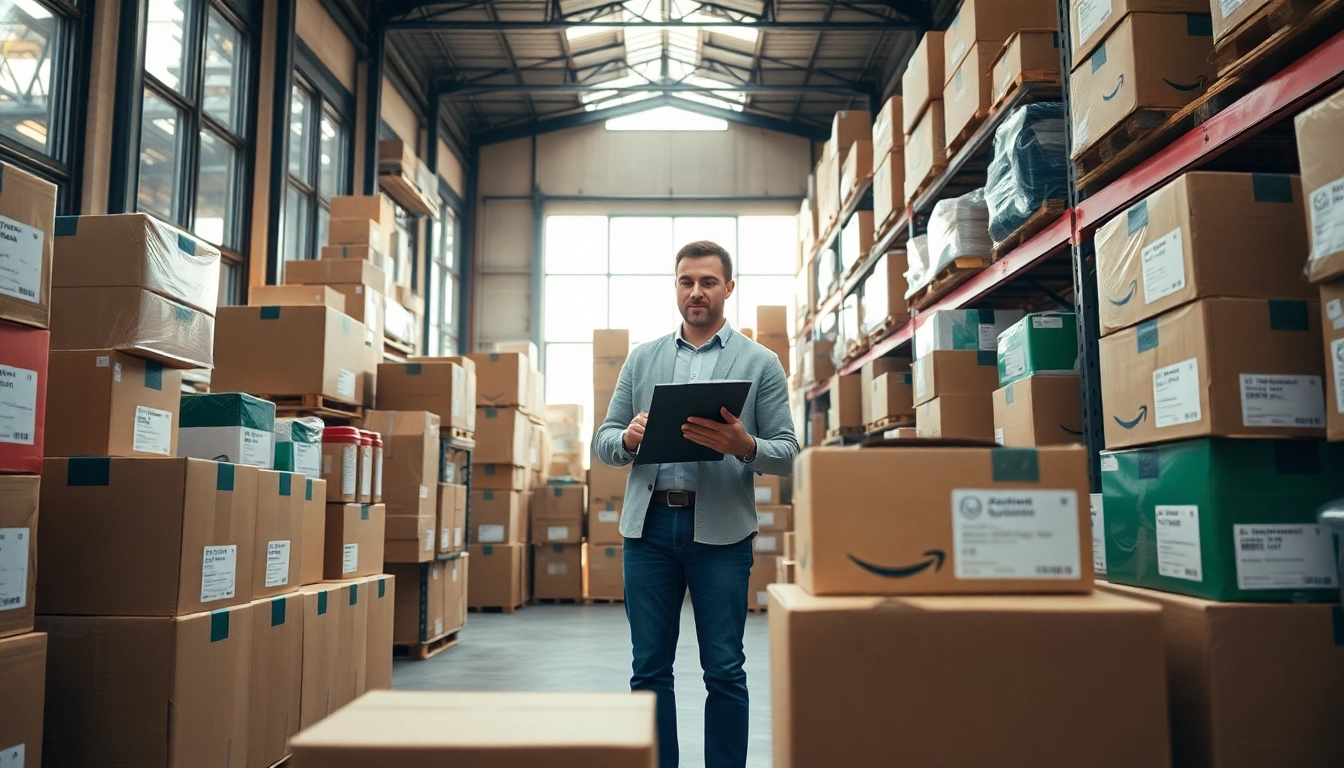 Examine Amazon FBA wholesale products in a vibrant warehouse setting to streamline operations.