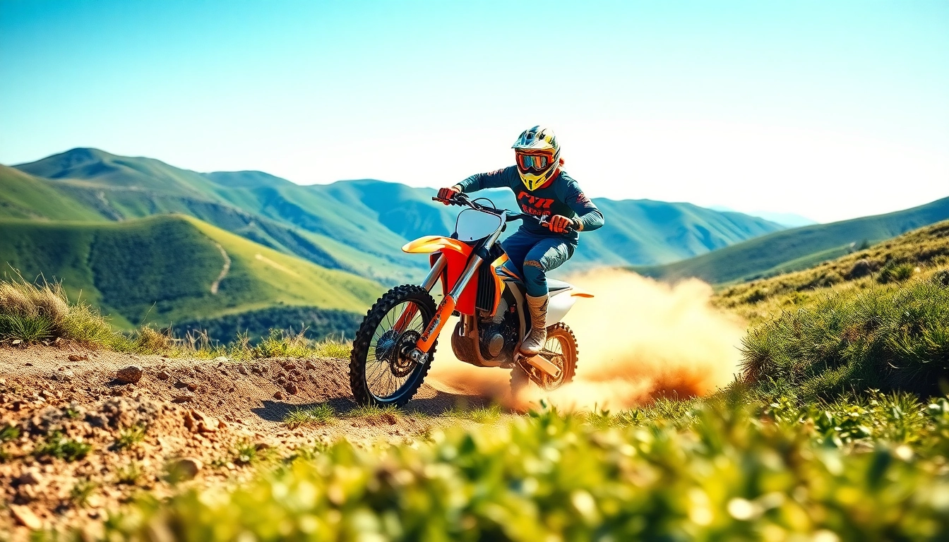 Rider navigating a motocross trail with dust flying in a scenic mountainous landscape