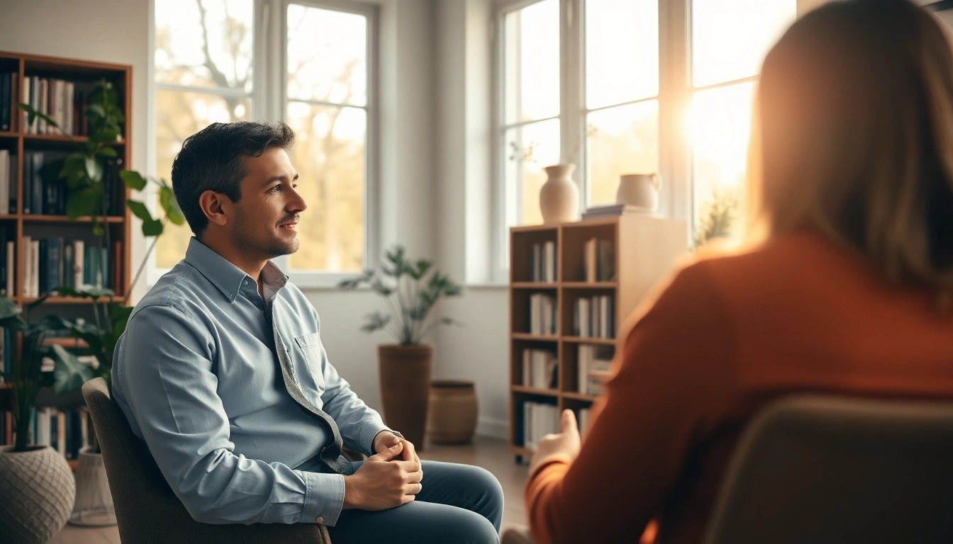 Psychologist engaging with a client in a calm therapy session in a welcoming office.