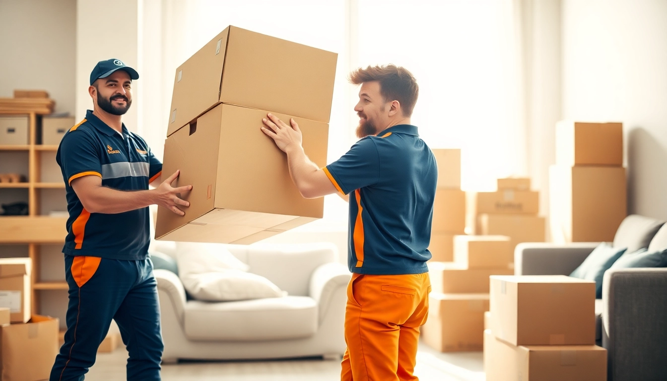 Movers calgary expertly moving boxes in a bright, professional setting.