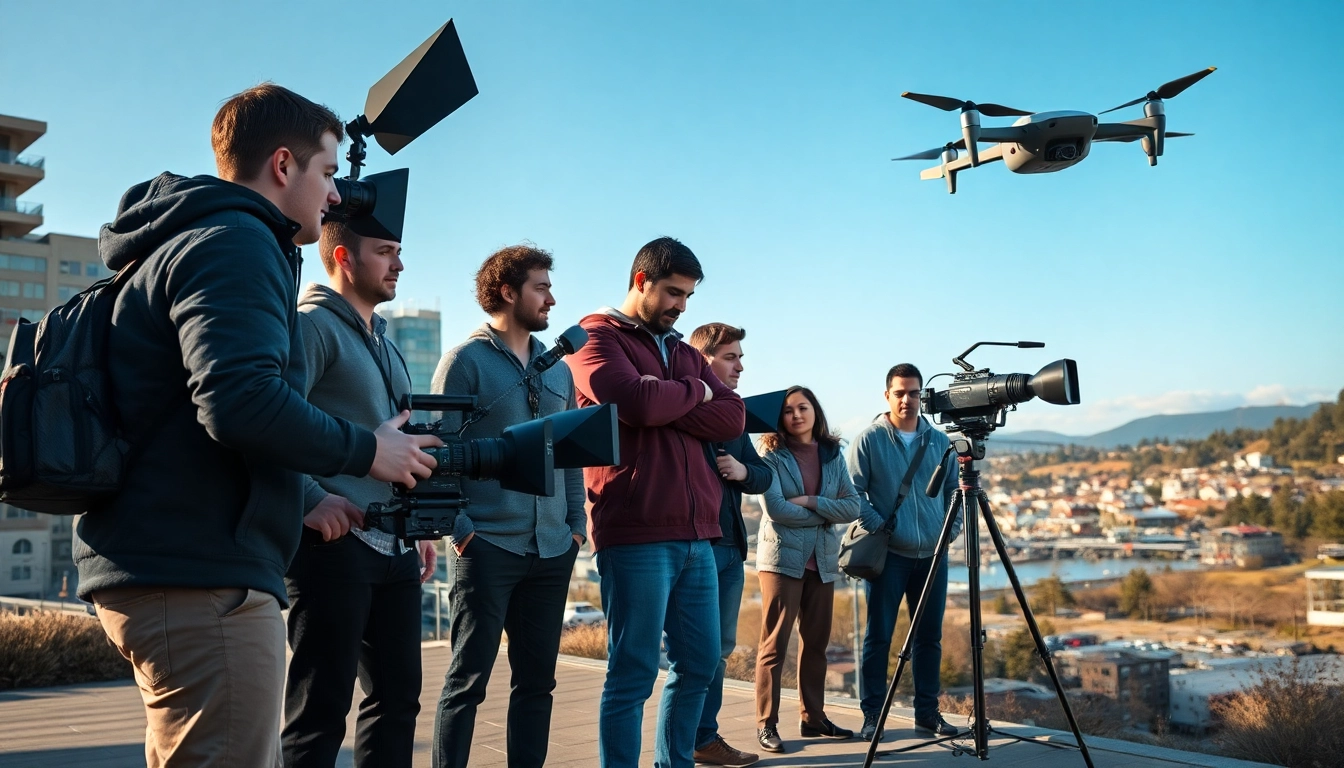 Captivating tacoma video production scene showcasing a collaborative filming team in a vibrant urban setting.