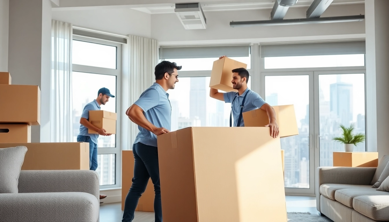 Cheap movers nyc helping with a professional moving process in a bright New York apartment.