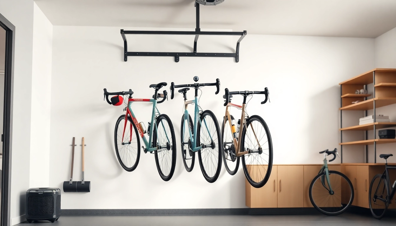 Organize your indoor bike storage with a stylish wall-mounted rack in a modern garage.