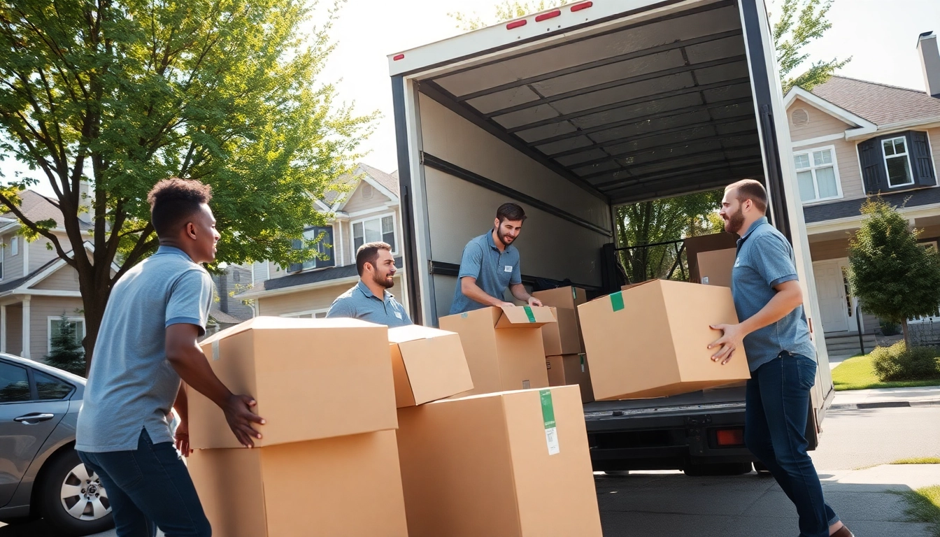 Movers calgary efficiently handling boxes while loading them into a truck in a vibrant urban setting.