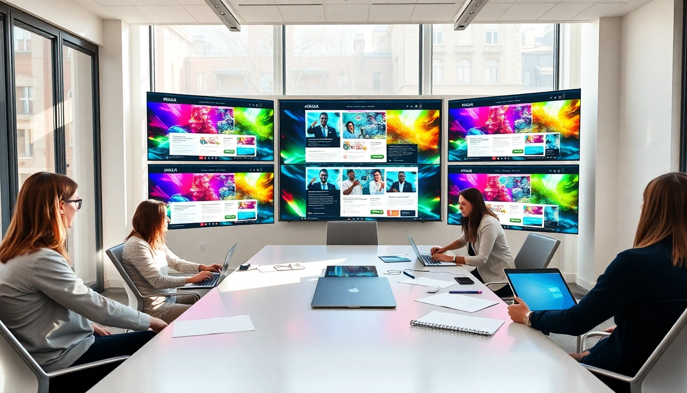 Creative brainstorming session on website design in Kansas City with vibrant digital screens.