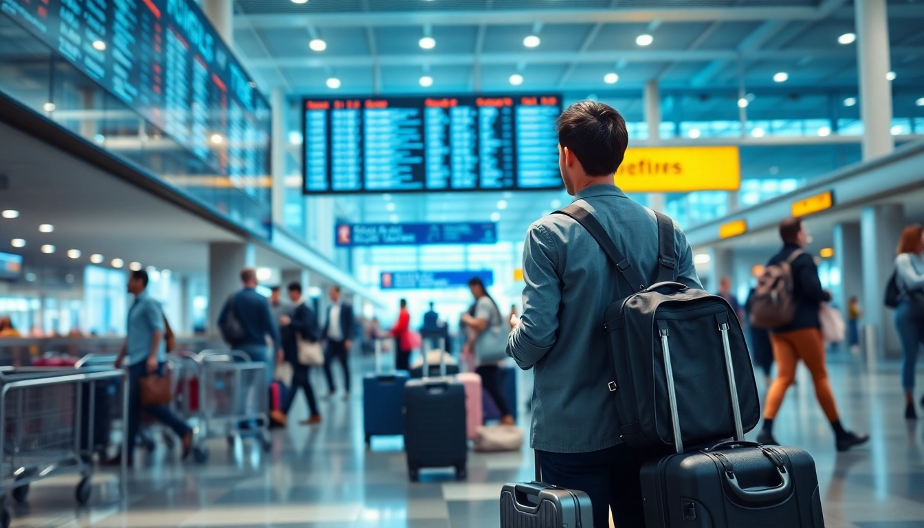Check flights display at airport with a traveler looking at schedules