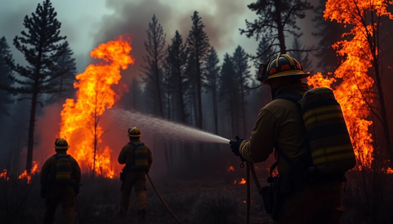 Firefighters combatting wildfire events showcasing bravery and teamwork in a dramatic forest scene.