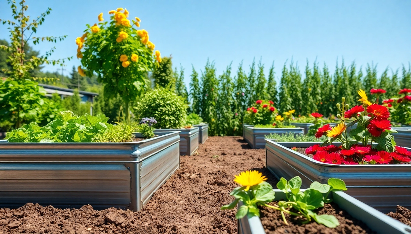 View of landguard raised beds with colorful plants flourishing in a well-kept garden setting.