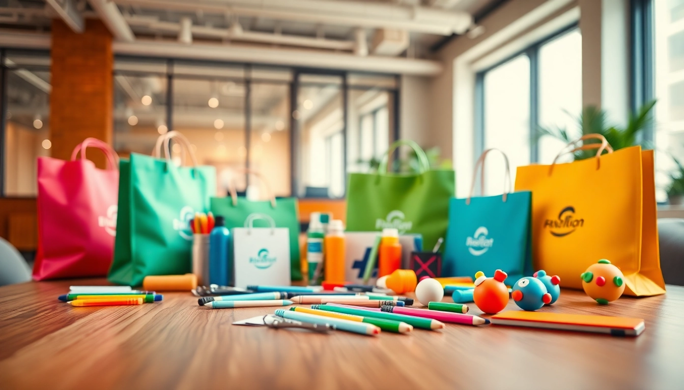 Explore creative giveaways & promotions through unique promotional items showcased in a vibrant setup.