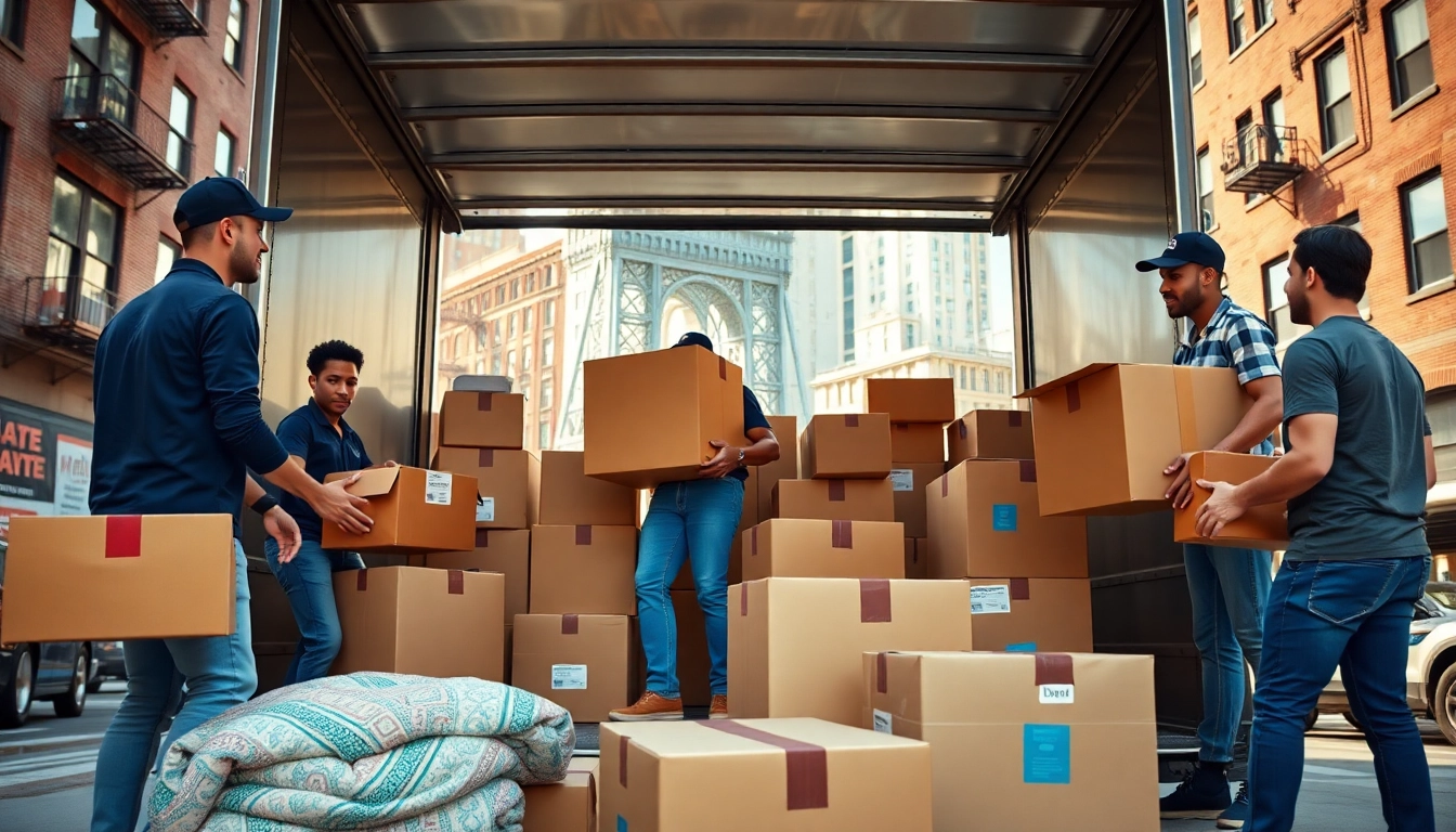 Brooklyn movers loading boxes into a truck in a bustling urban environment