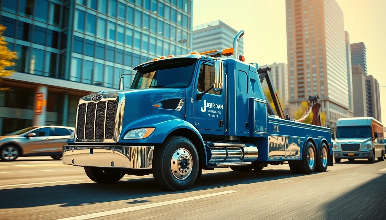 Jerr Dan tow truck showcased on a busy city street, emphasizing its robust design and functionality.
